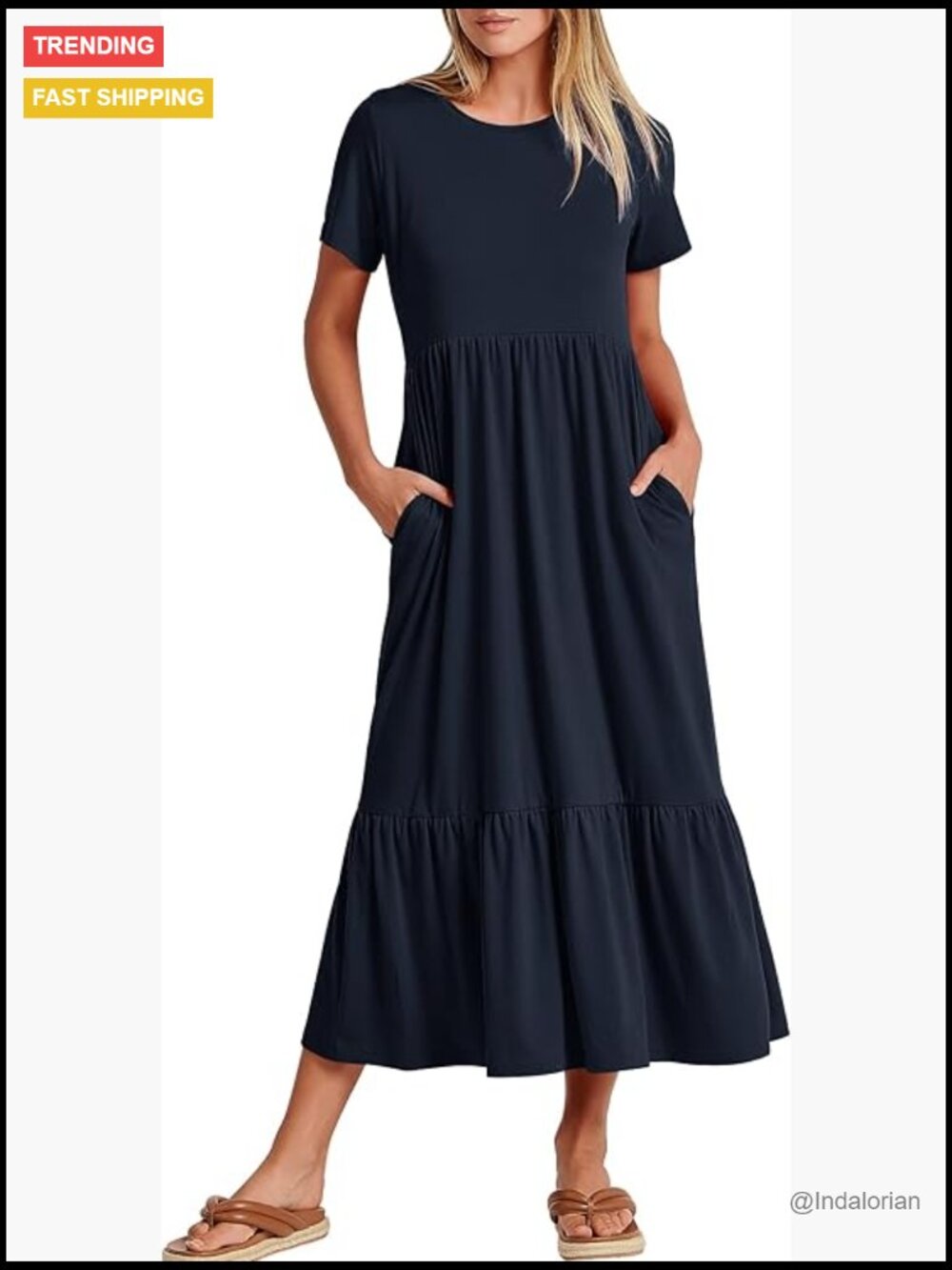 Women's Summer Casual Maxi Dress A-Line Tiered Flowy Short Sleeve Crewneck